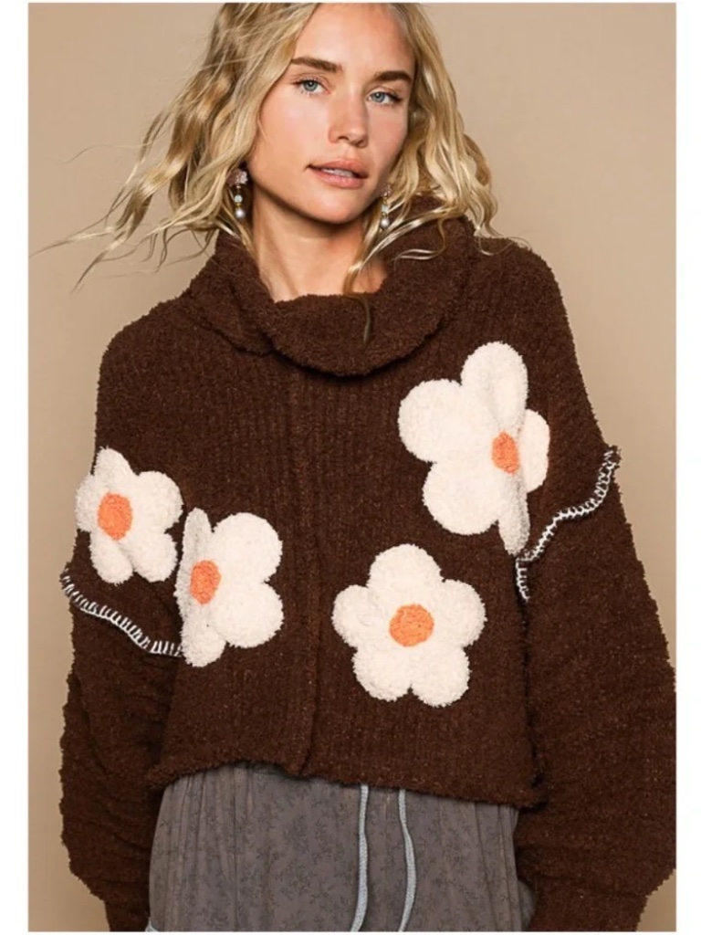 Pol Floral Print Turtleneck Reverse Stitch Oversized Sweater Top